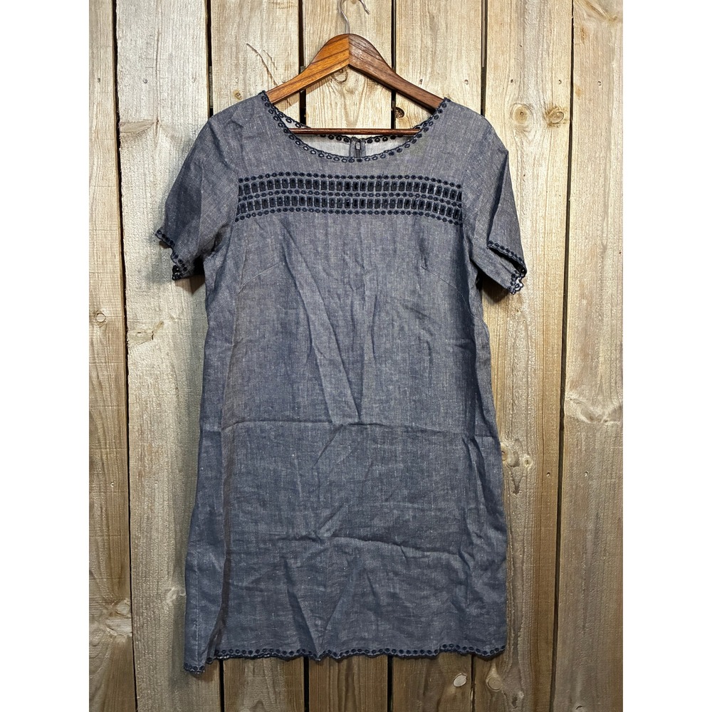 Ann Taylor Blue Linen Blend Eyelet Embroidered Shift Dress Size 10 Short Sleeve